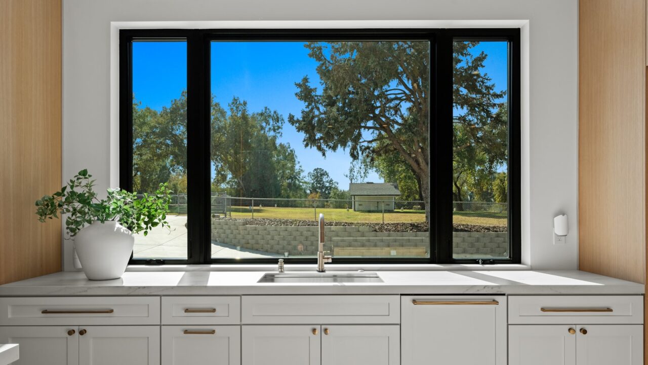 Modern home interior with large windows