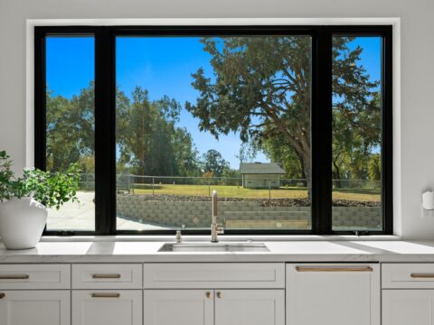Modern home interior with large windows