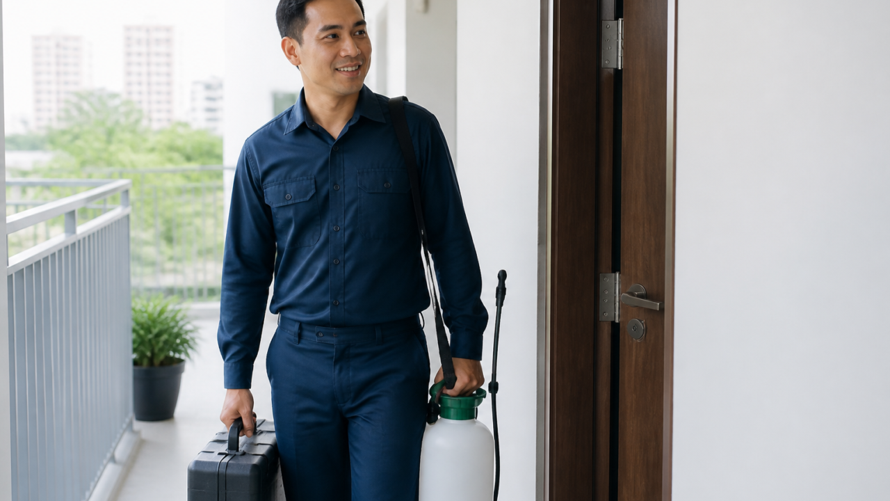 Pest control technician arriving at a Singapore home