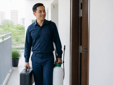 Pest control technician arriving at a Singapore home