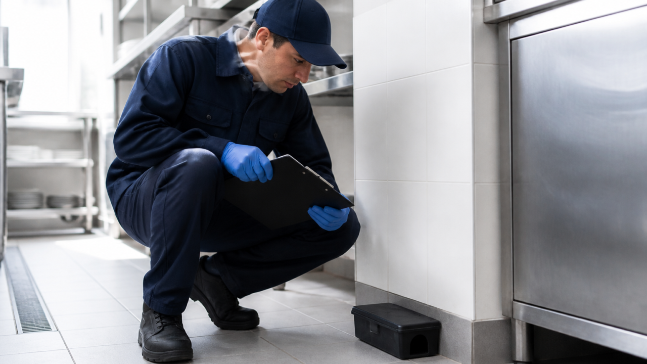 Technician inspecting a bait station during routine pest management